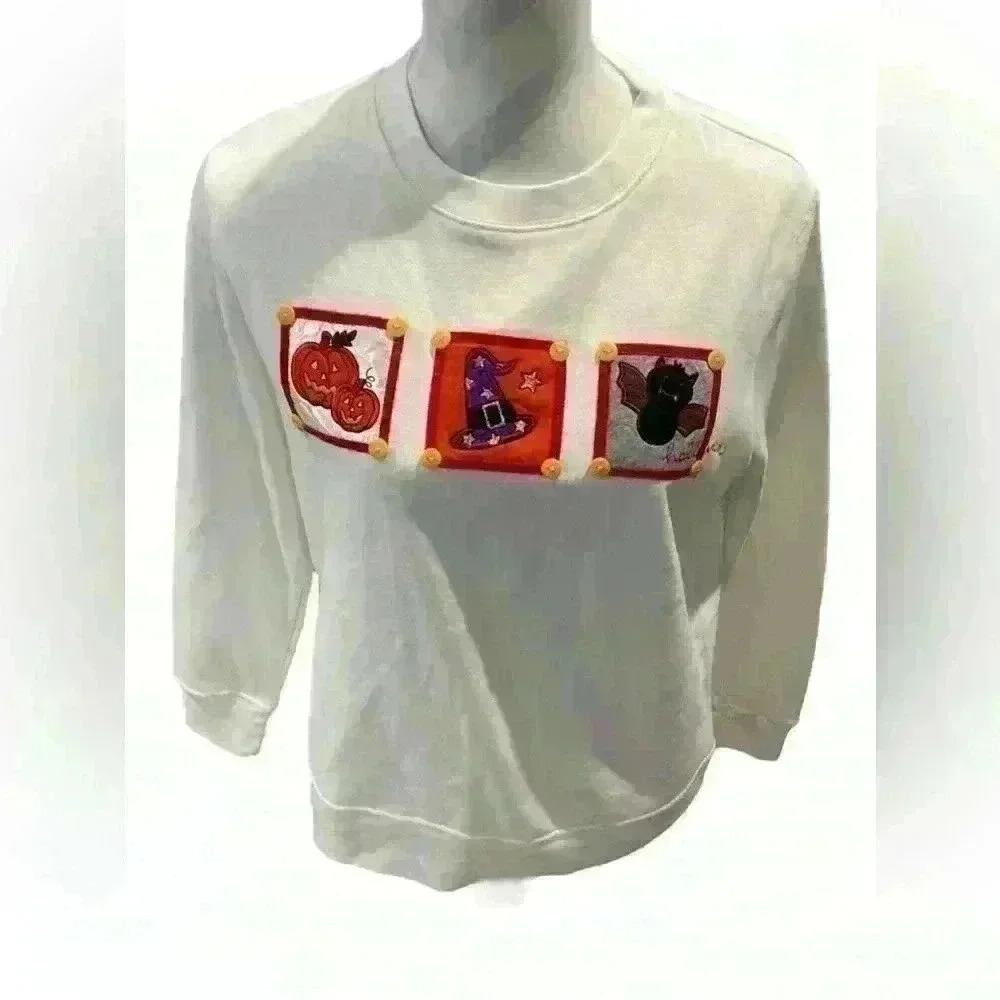 Halloween Holiday Editions White crewneck Halloween Embroidered Patchwork Sz S